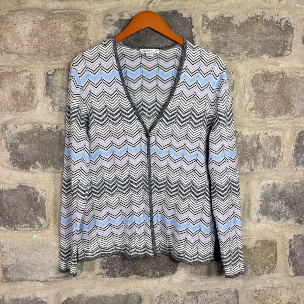 Pendleton Silk Cotton Chevron Zigzag Cardigan Sweater Blue Purple XL One Button - Picture 1 of 8